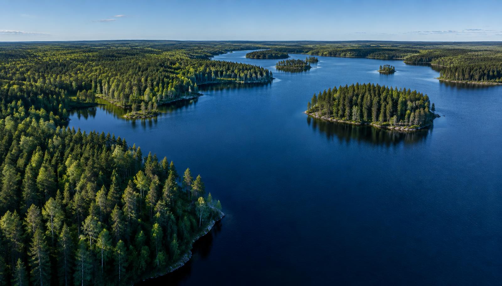 Aerial view of a north-woods lake with forested coves and islands