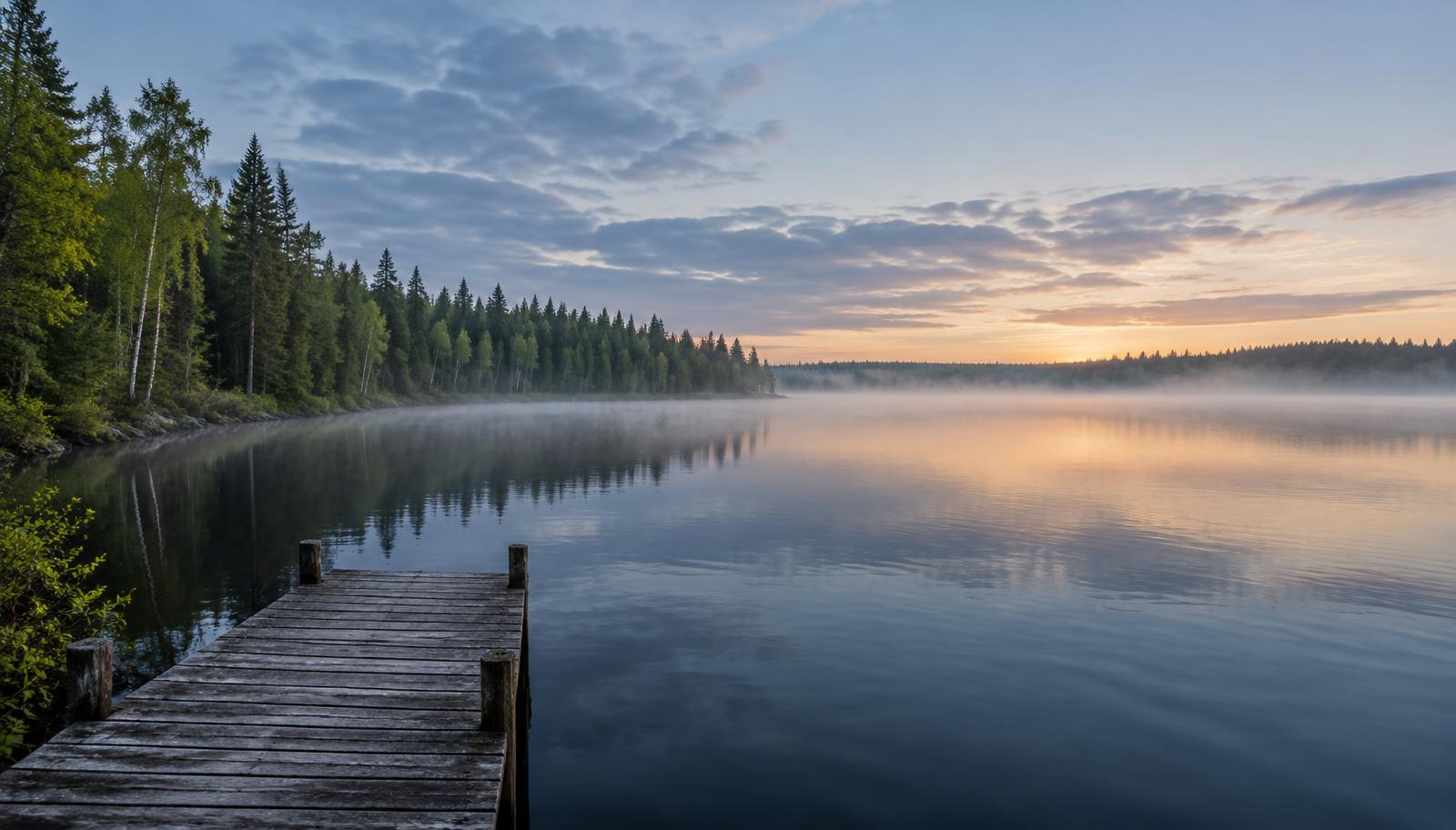 Mist on a calm lake at sunrise beside a small wooden dock