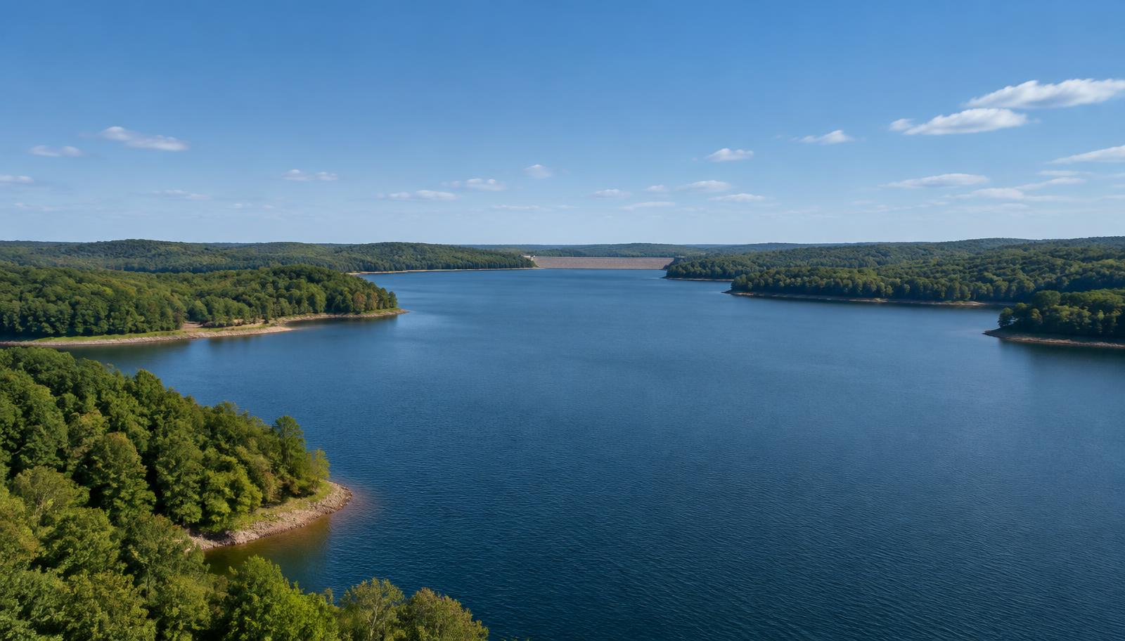 A broad reservoir on a bright summer day, calm water under open sky