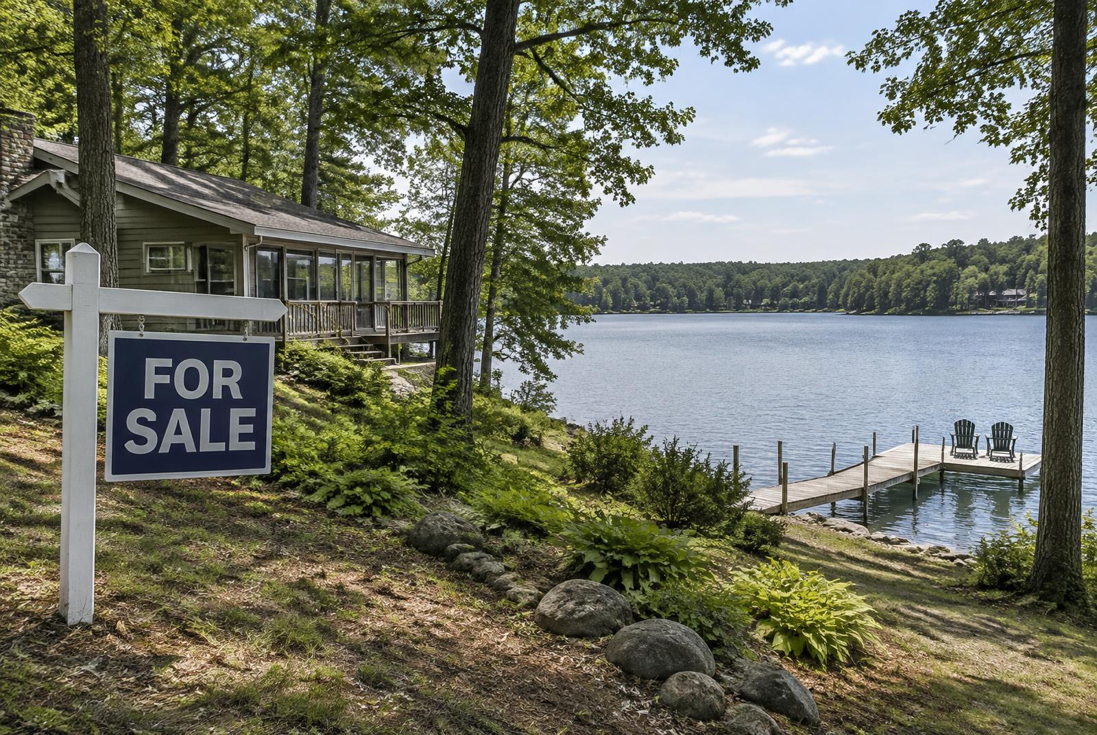 For sale sign beside a modest wooded lakefront home overlooking a calm inland lake