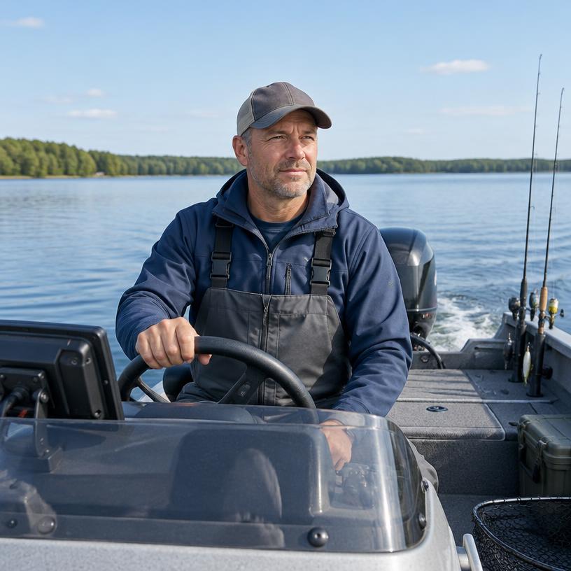 Fishing boat operator at the helm on an inland lake