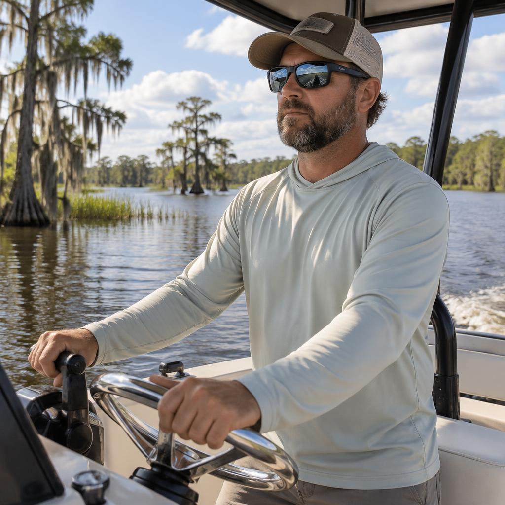 Fishing boat operator at the helm on a natural Florida lake