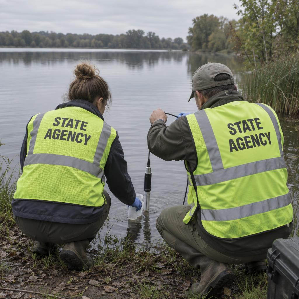 Two state agency workers examining erosion at a lake