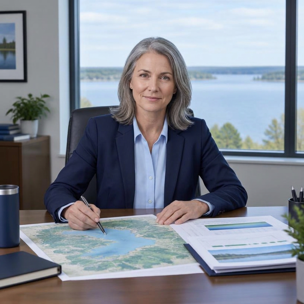Local government professional reviewing lake records at her desk
