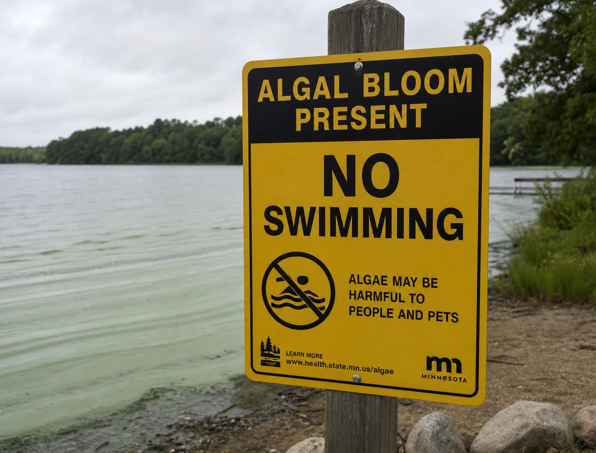 An official advisory sign posted at a lake shoreline reading Algal Bloom Present, No Swimming