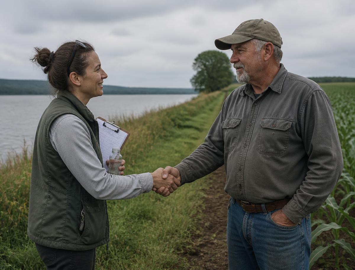 A lake scientist with a clipboard and sample bottle shaking hands with a farmer beside a lakeside field
