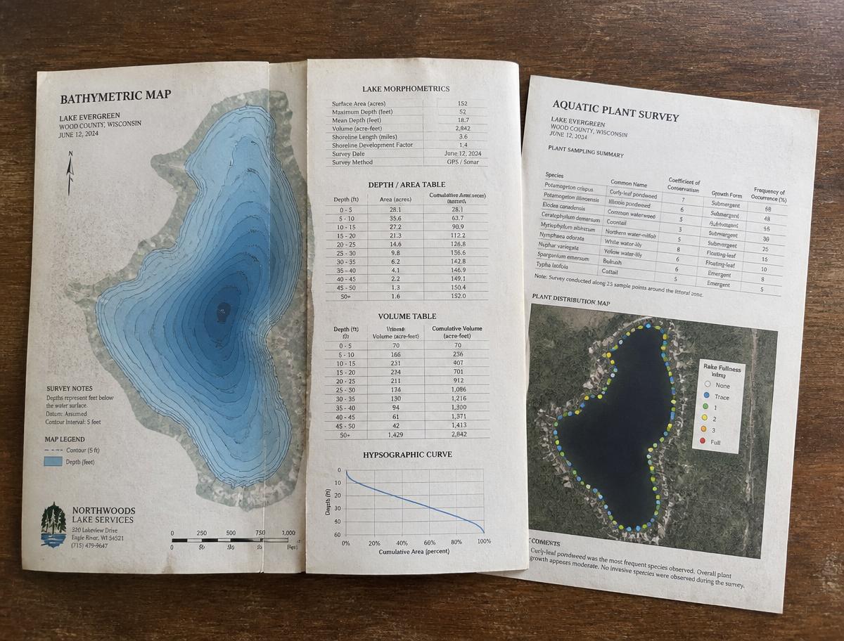 A printed lake survey report open on a table showing a bathymetric map, morphometric tables, and an aquatic plant survey