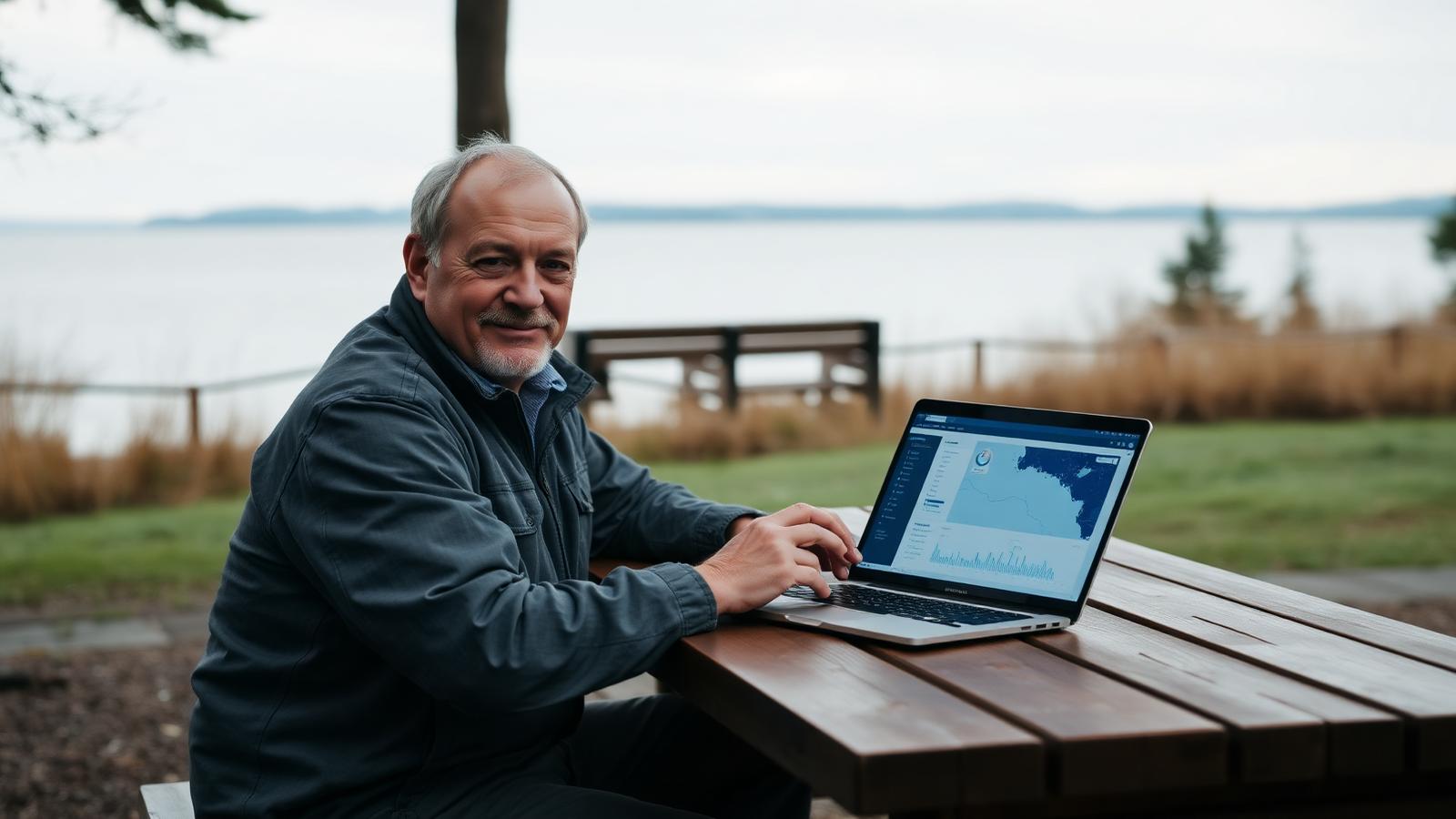 A lake resident at a shoreline picnic table reviewing the Lake Pulse Portal dashboard on a laptop