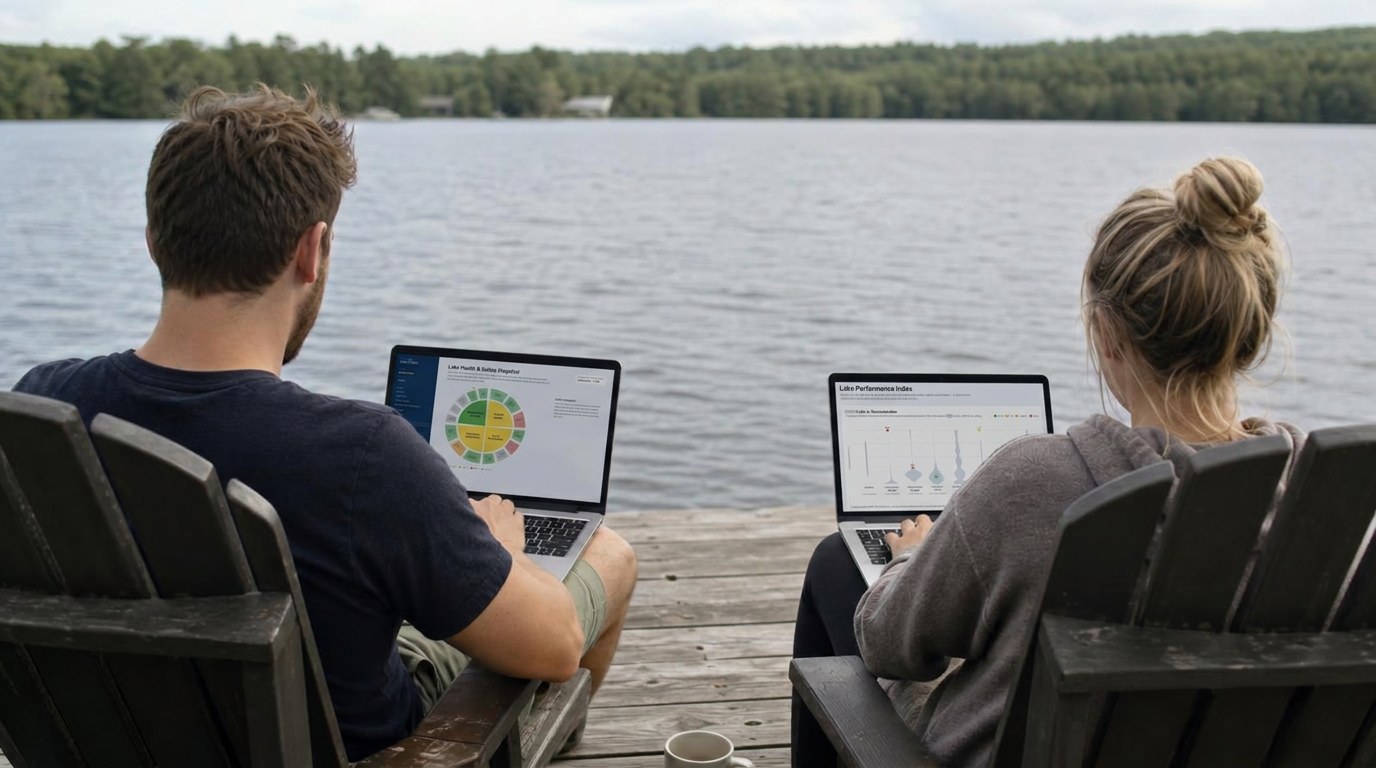 Two lake residents reviewing the Lake Health & Safety Snapshot and Lake Performance Index on laptops at a dock
