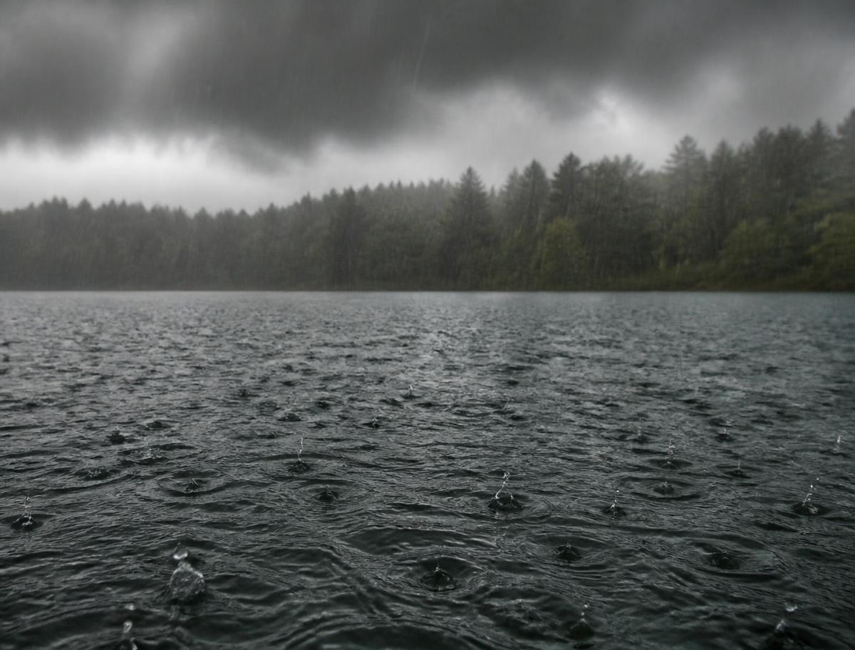 Heavy rain falling on a lake surface under a dark storm sky