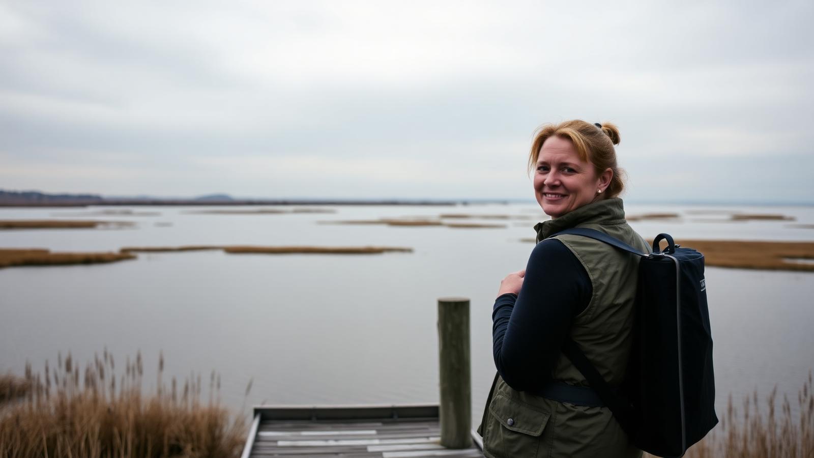 A field scientist on a research dock looking out over a chain of lakes and wetlands