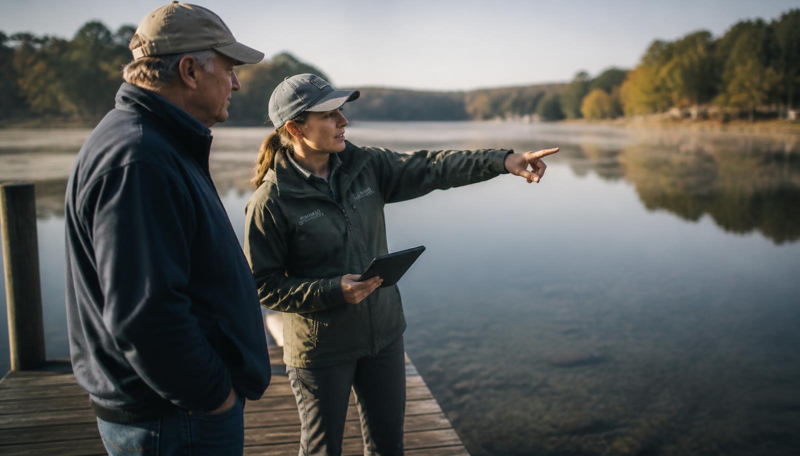A limnologist on a dock points toward the water while talking with a lake owner