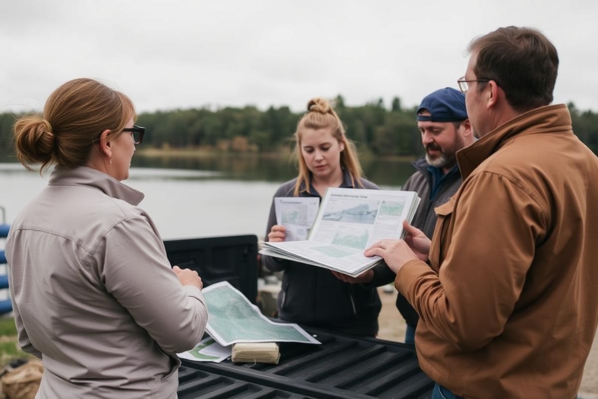 County water resource staff reviewing lake maps at a truck tailgate near a boat landing