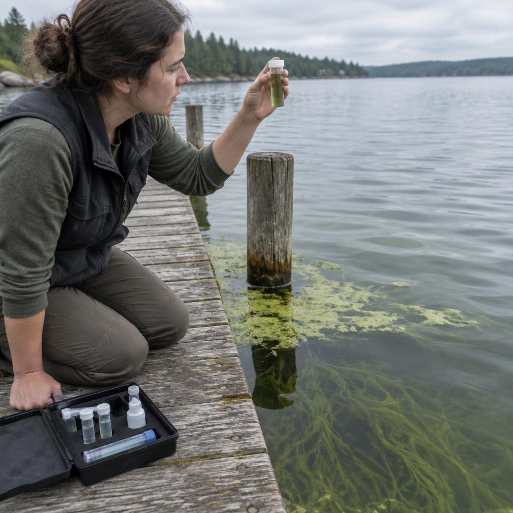 A person kneeling on a dock holds up a sample vial of green lake water next to an open field-test kit, with an algae mat on the water below