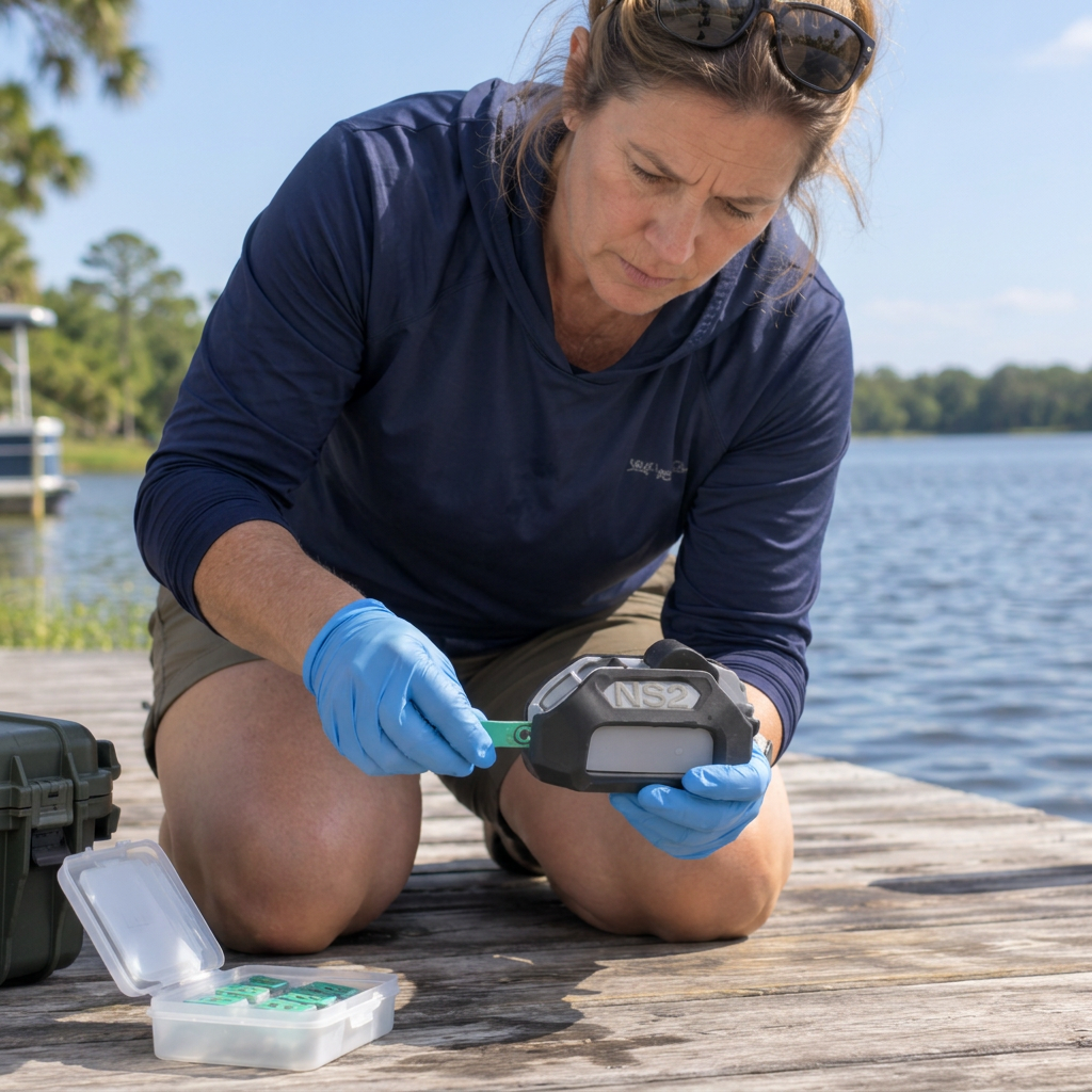 A woman kneeling on a dock slides a green reagent cartridge horizontally into the end of a handheld NS2 water-testing device, with the lake behind her