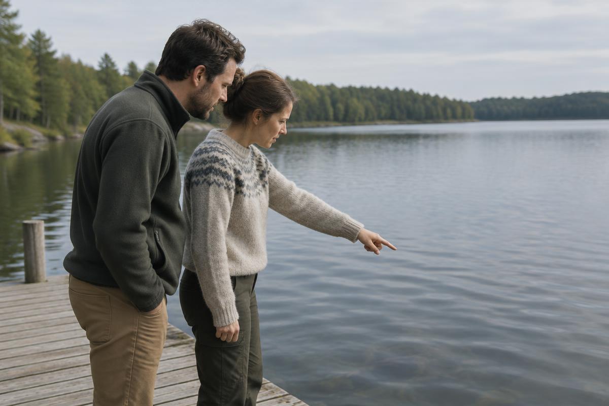 A man and a woman on their dock inspecting the lake; she is pointing at something in the water
