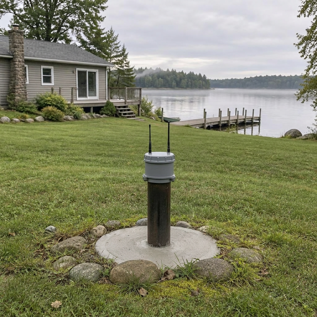 A traditional steel well casing set in a concrete pad ringed with stones, fitted with a modern monitoring cap and two short antennas, in a lakeside home's yard with the house, dock, and a calm lake behind it