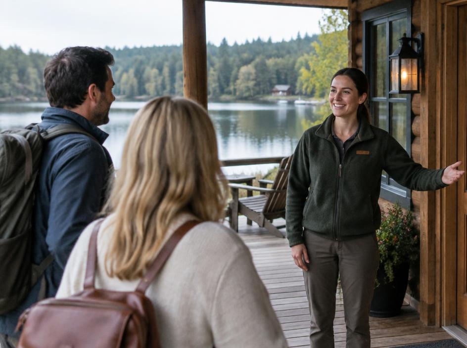 A lodge host welcoming guests on a lakeside porch