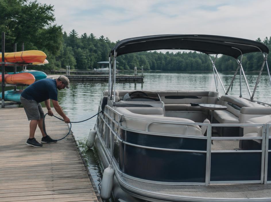A marina worker tying up a rental pontoon boat