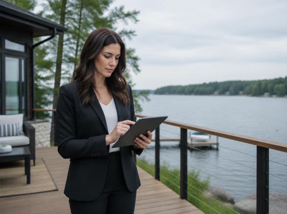 A real estate agent reviewing notes on a lakefront deck