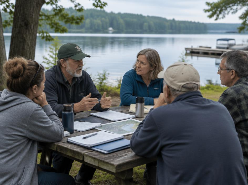 Lake association board members meeting at a lakeside picnic table