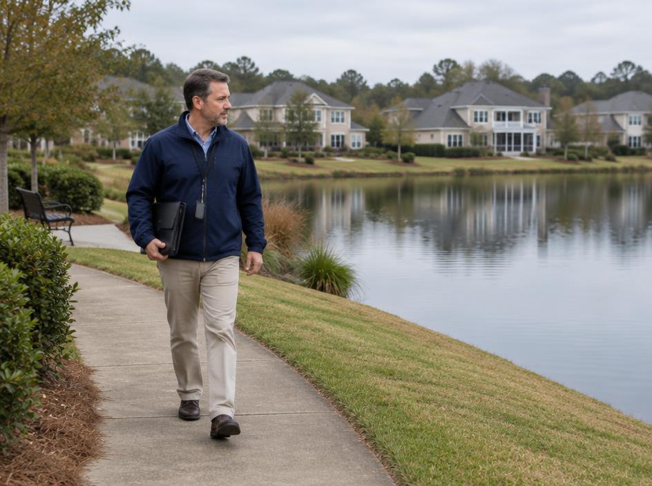 An HOA manager walking the path beside a neighborhood lake