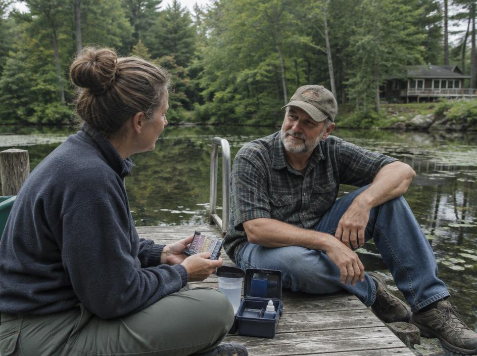 Two neighbors with a water test kit on a small lake dock