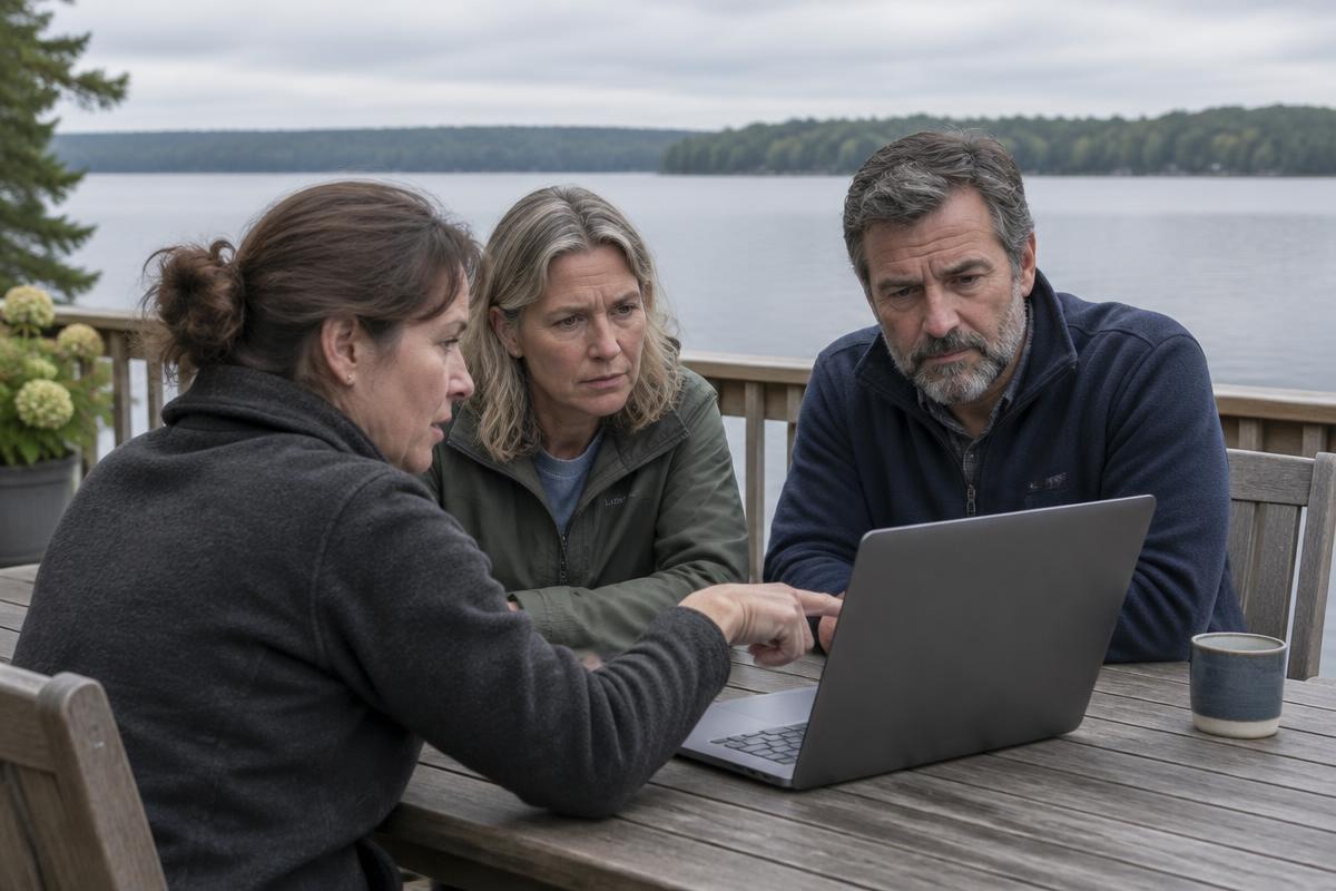 Three lake association members gathered around a laptop on a lakeside deck, discussing lake data
