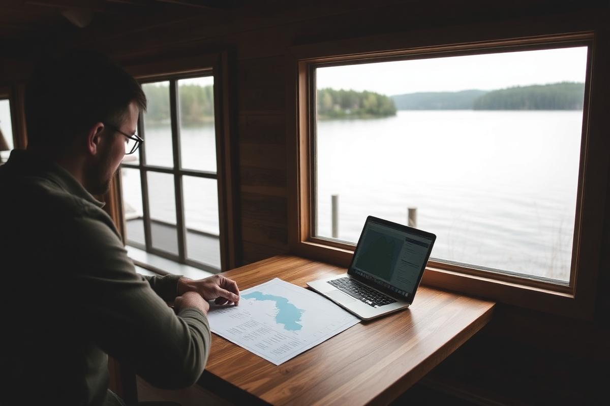 A laptop showing lake trend charts next to printed reports on a wooden desk