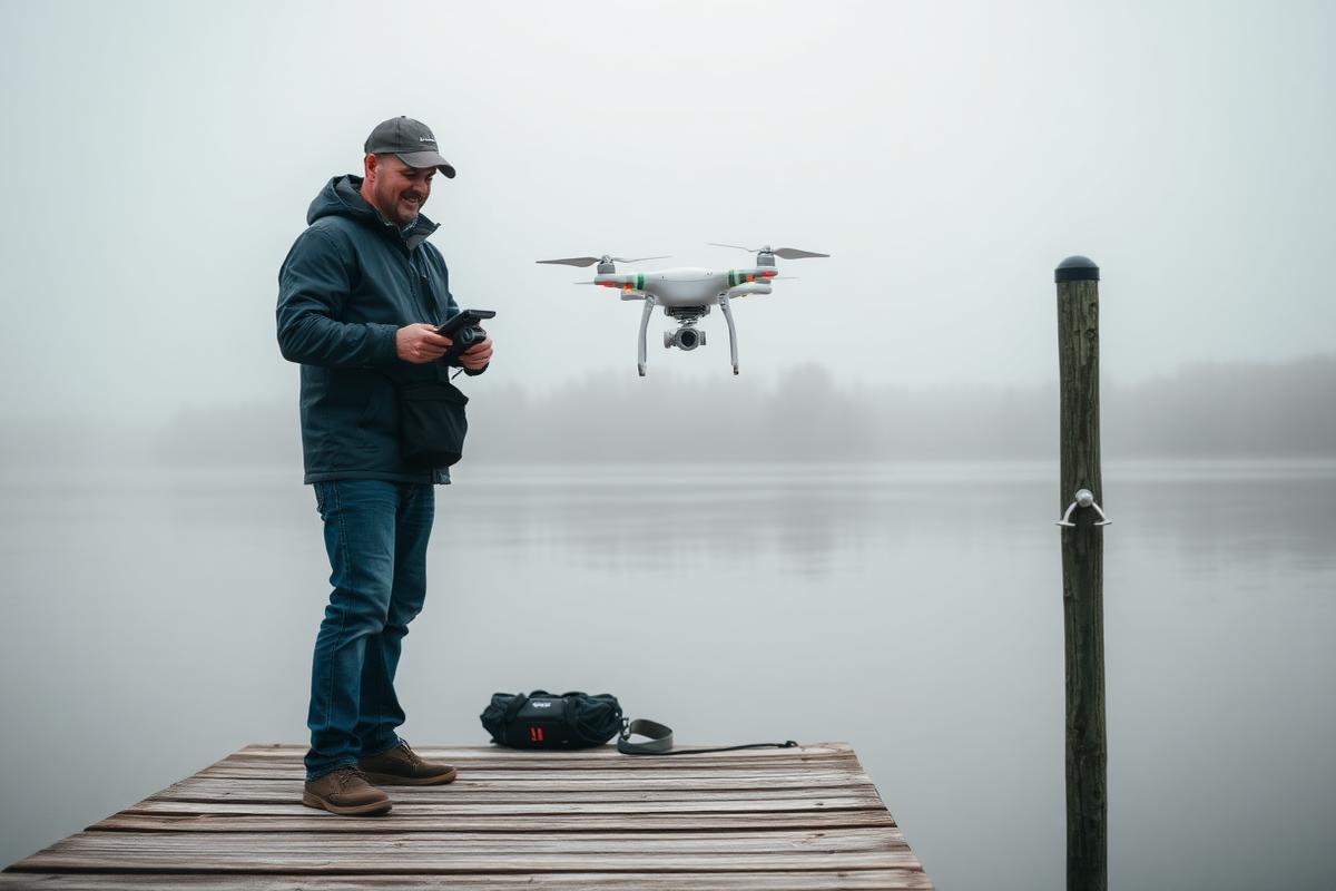 An operator on a dock launching a drone over a lake for shoreline mapping
