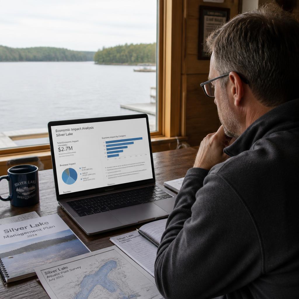 A lake association member reviewing Shoreline Ledger charts with the lake visible through the window