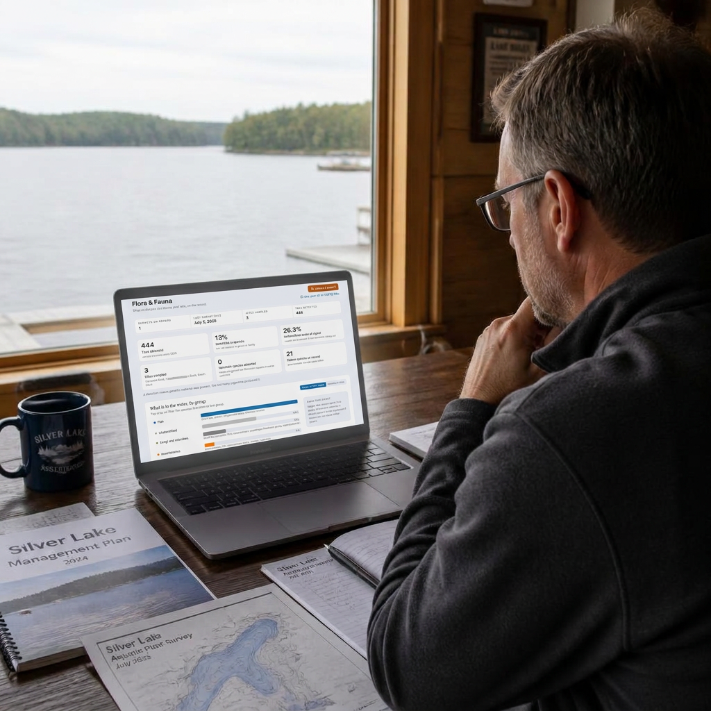 A lake association member reviewing the Flora & Fauna survey dashboard on a laptop, with the lake visible through the window