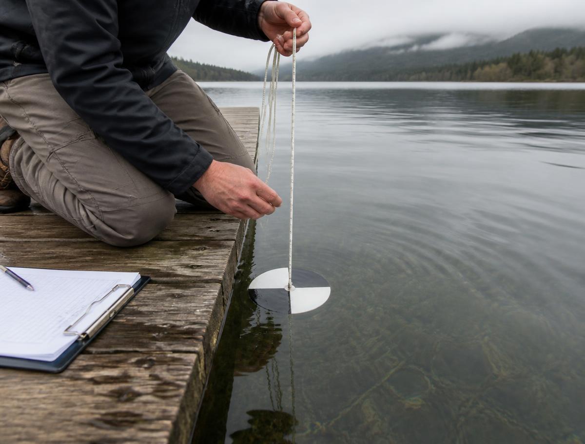 A person kneeling on a wooden dock lowering a black-and-white Secchi disk into clear lake water