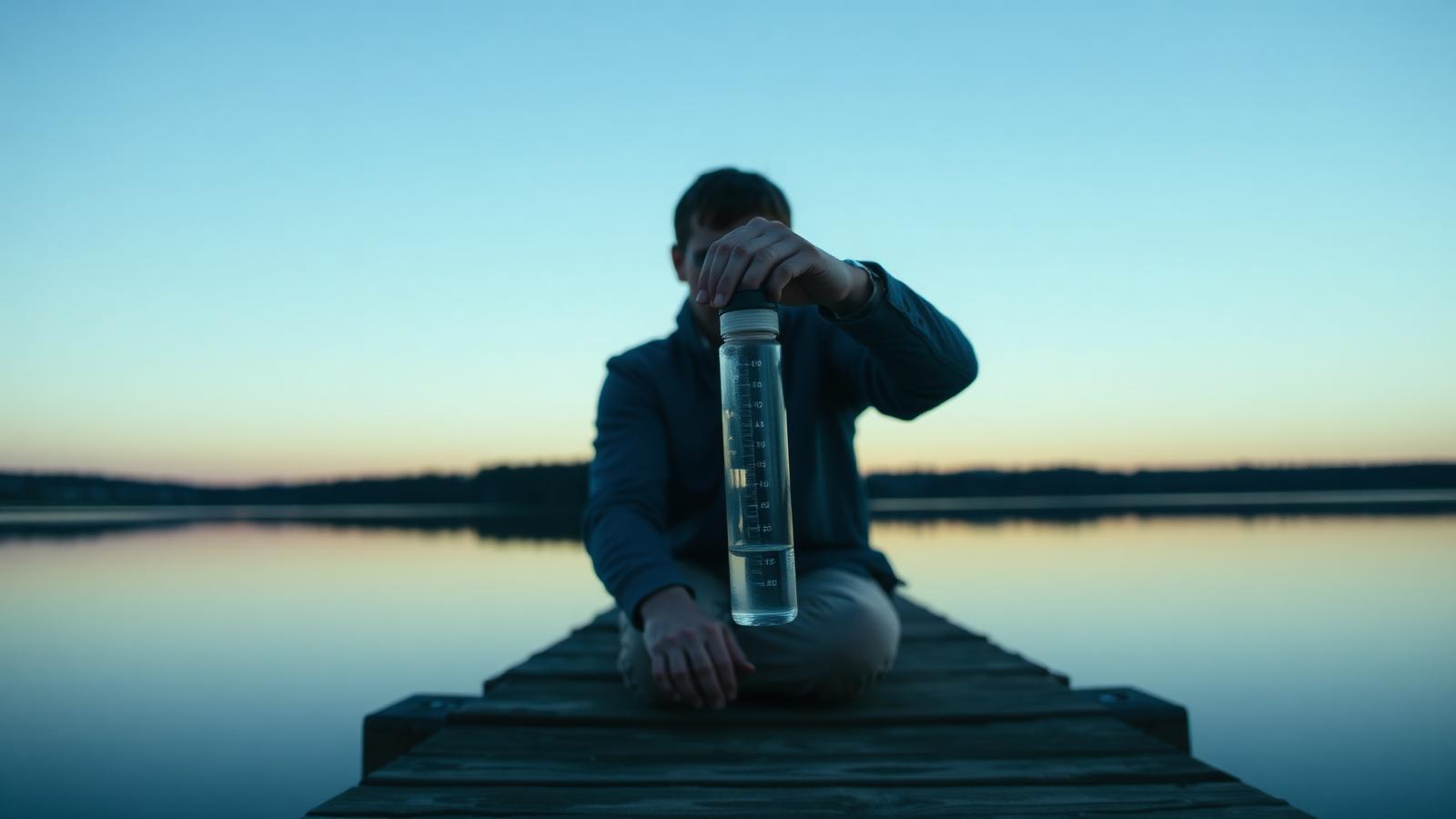 A person sitting on a dock at dusk holding a lake water sample bottle