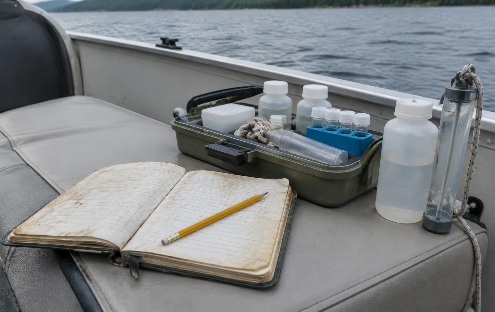 A field logbook and sampling kit on a boat seat
