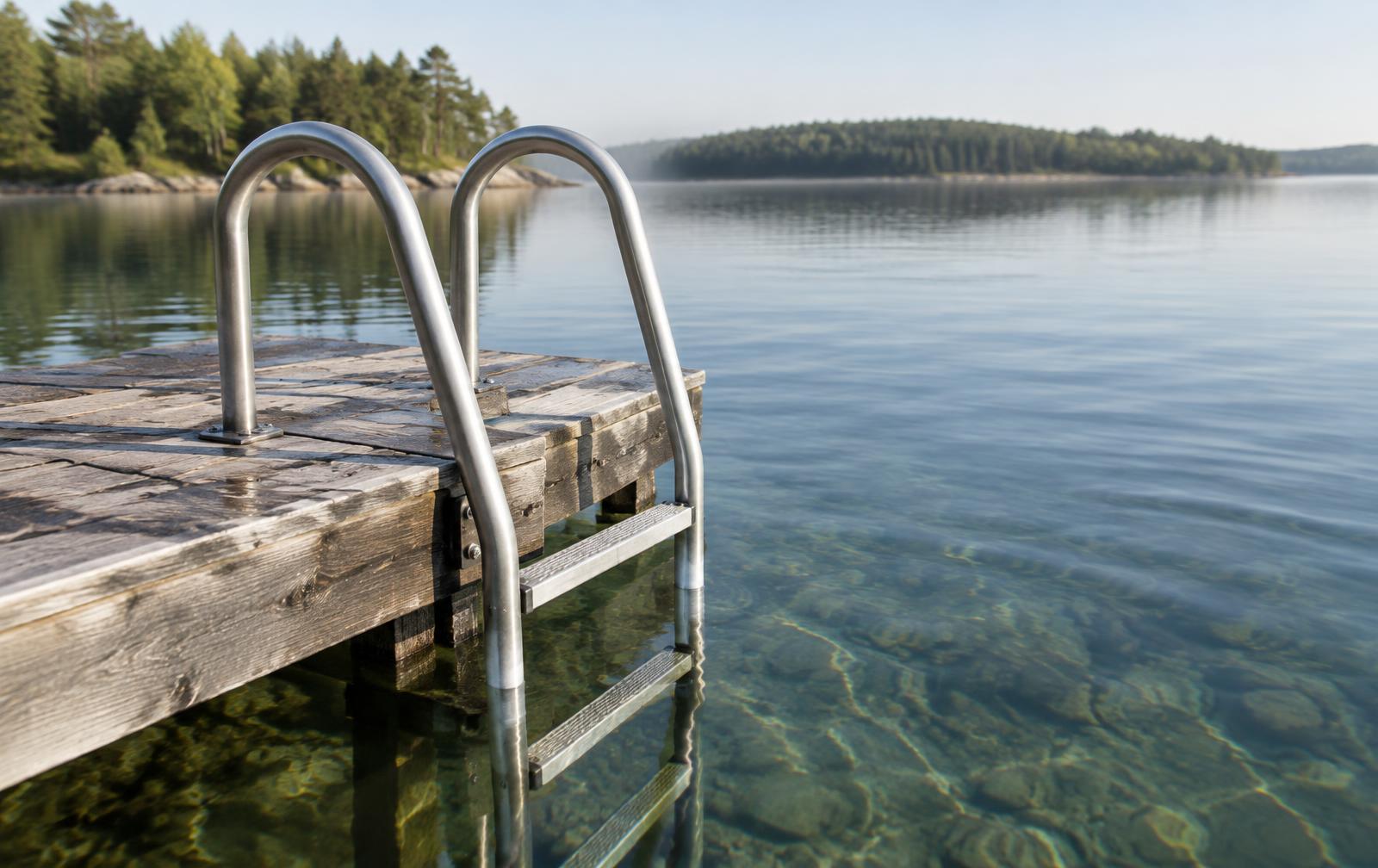 A stainless swim ladder on a wooden dock descending into clear lake water
