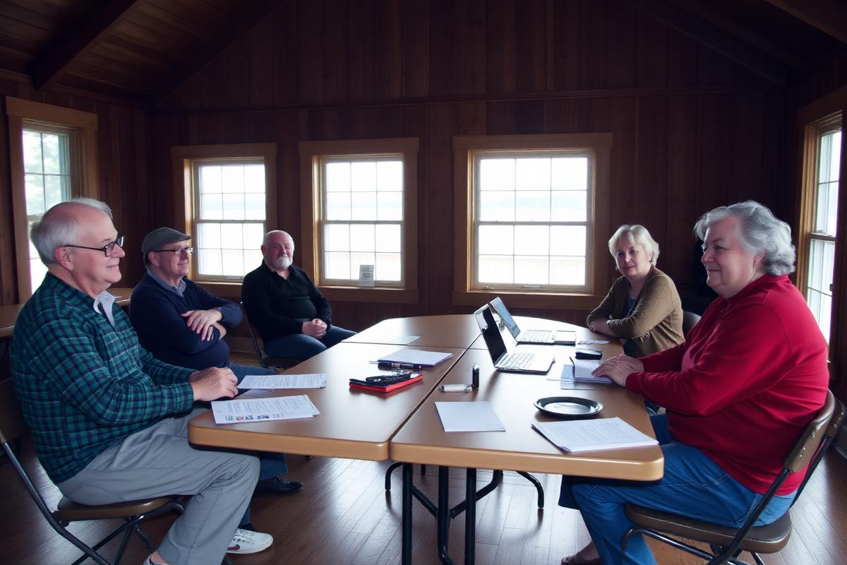 Lake association board members meeting around folding tables in a lakeside hall