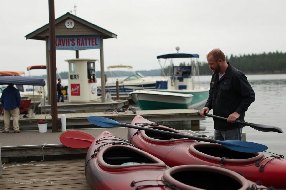 Marina worker preparing rental kayaks at a lakeside dock