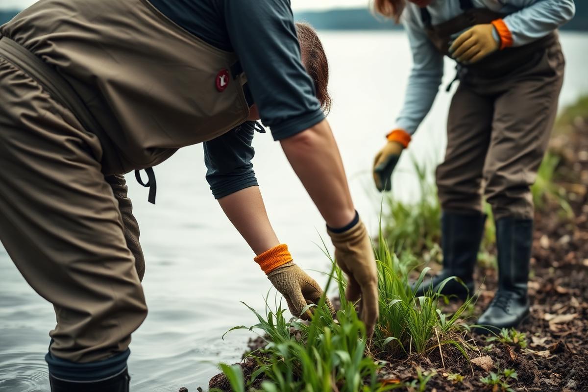 Volunteers in waders planting native vegetation along a lake shoreline