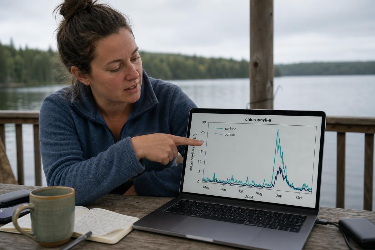 A woman pointing at a laptop screen showing a chlorophyll-a time series with a large spike