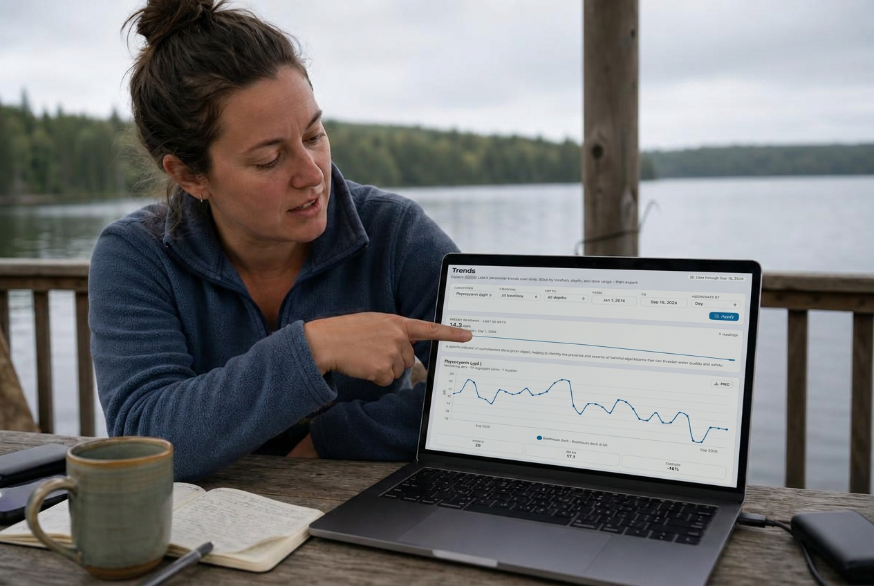 A woman pointing at a laptop screen showing a chlorophyll-a time series with a large spike