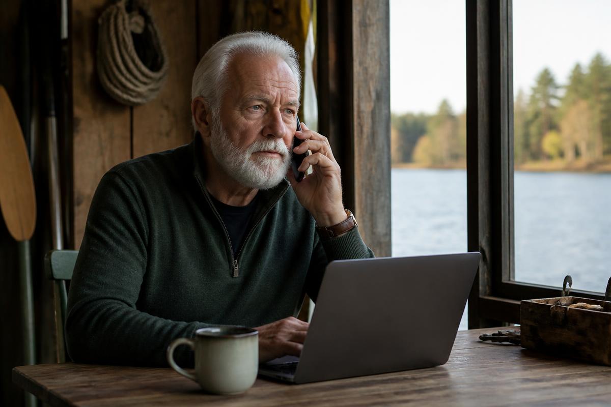 An older man with a white beard on the phone in a rustic lakeside boathouse, laptop open on a wooden table