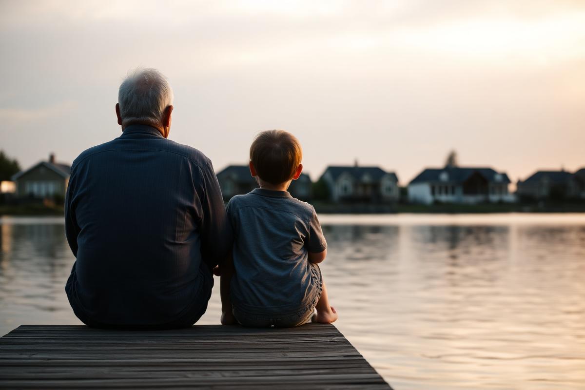 An older adult and a child sitting on a dock at dusk looking across the lake